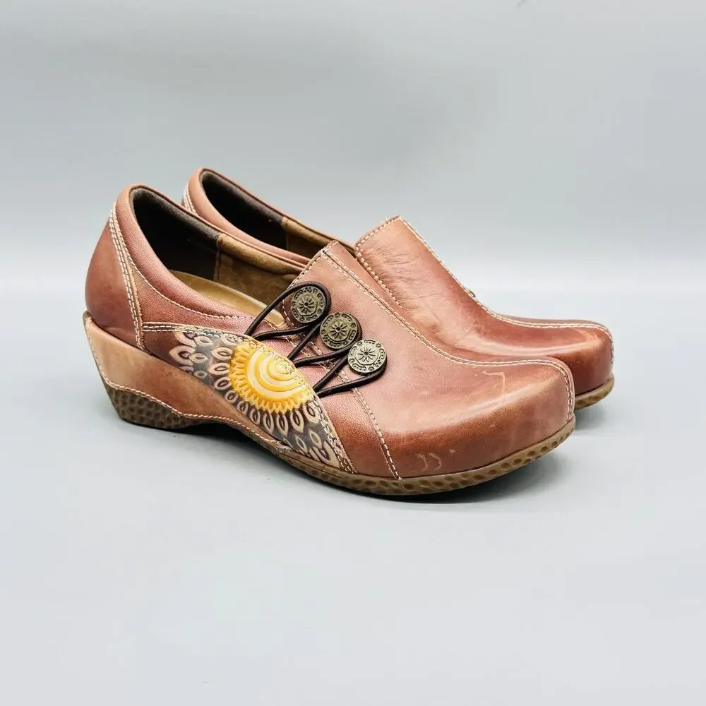 Spring Step L'Artiste Shoes Womens 5 Brown Leather Wedge Clogs Slip On Comfort
